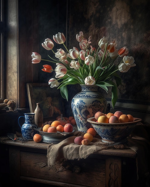 Une nature morte avec un vase de tulipes et un bol de pêches.