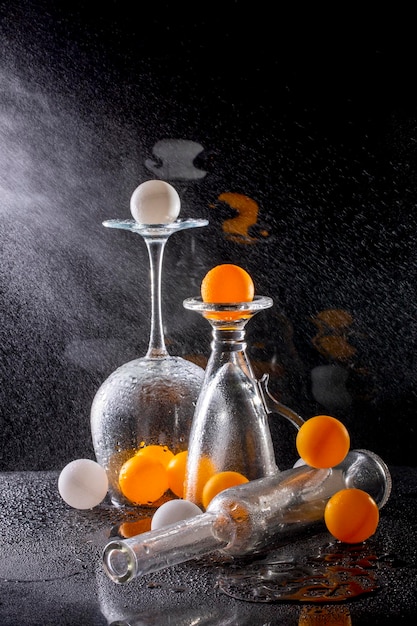 Nature morte avec des verres et des boules orange avec un jet d'eau