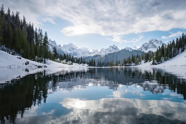 nature neige lac montagnes reflètent paysage 1