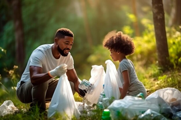 La nature nettoie une famille noire un père avec un enfant et une fille avec des sacs à ordures dans la main flou