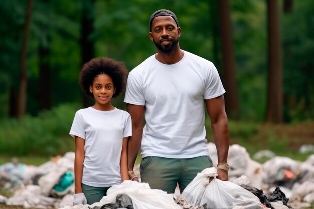 La nature nettoie une famille noire un père avec un enfant et une fille avec des sacs à ordures