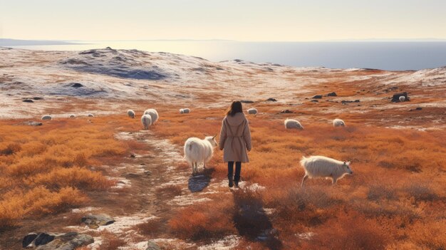 Nature norvégienne Une fille marchant le long d'un sentier de terre près des moutons