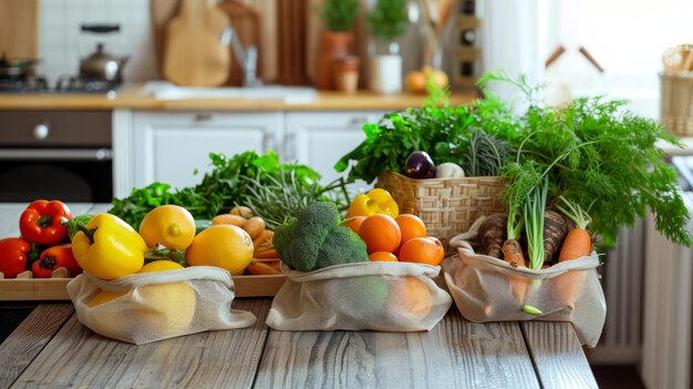 La nature offre des bonbons durables dans des emballages écologiques sur la table de la cuisine