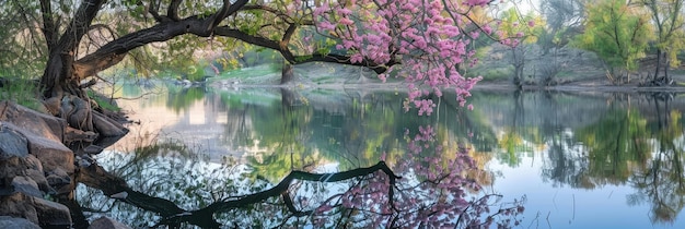 La nature reflète la beauté paisible des fleurs roses du printemps reflétées dans les eaux calmes