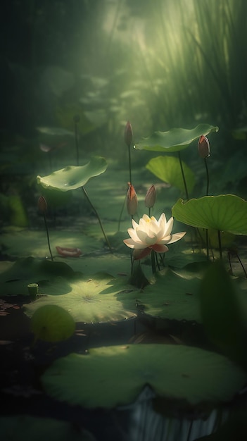 Nature's Harmony Feuilles et gousses de lotus ornant un étang d'été serein