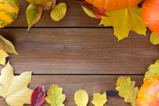 nature, saison, publicité et concept de décoration - cadre de différentes feuilles d'automne tombées sur planche de bois