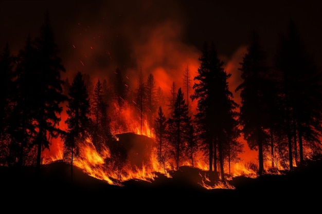 Nature sauvage danger d'urgence chaleur des arbres feu de forêt destruction du bois forêt fumée flammes dommages catastrophe chaude brûlant environnement rouge nuit montagne