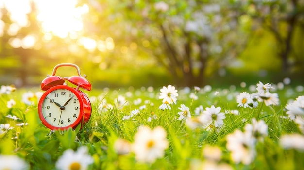 Photo la nature se réveille, l'horloge se déplace sur un fond vert, le renouvellement du printemps.