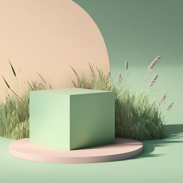 NatureInspired Minimal Podium Une maquette pour la présentation de produits cosmétiques sur fond vert pastel avec de l'herbe verte au printemps et en été AI générative