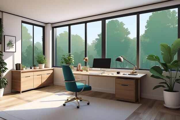 Photo natures backdrop home office avec une vue sur le jardin avec de l'art vectoriel