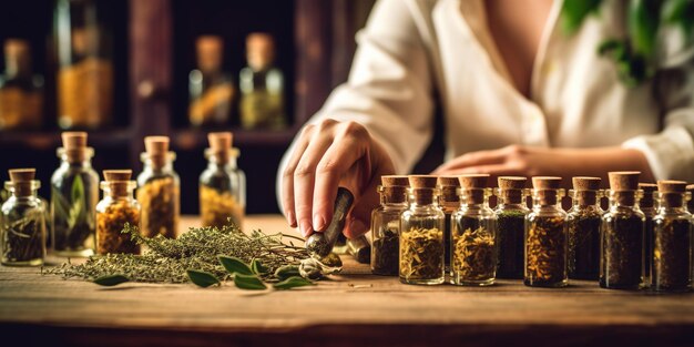 Photo le naturopathe prépare des huiles essentielles