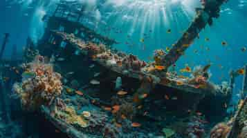 Photo un naufrage sous-marin se trouve parmi les coraux et la vie marine de l'océan.