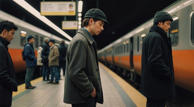 Photo un navetteur attendant à une gare capturant un mélange d'anticipation impatience et contemplation ai générative