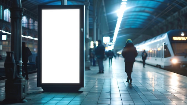 Un navetteur passe devant une affichage publicitaire lumineux dans une gare animée aux tons bleus.