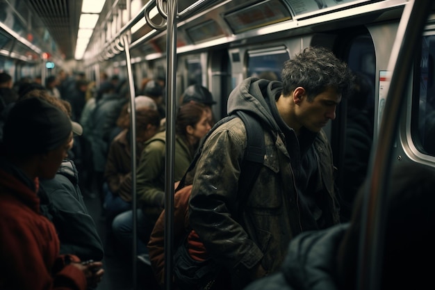 Les navetteurs dans une rame de métro bondée reflétant le 00152 03