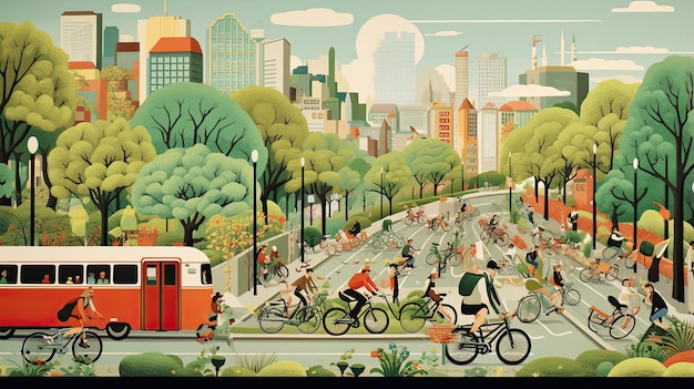 Les navetteurs modernes font du vélo dans une ville écologique