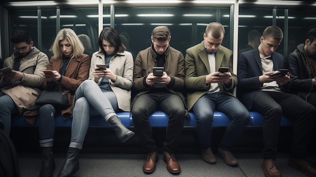 Les navetteurs sont assis dans le métro, absorbés par leurs smartphones, un téléphone généré par l'intelligence artificielle.