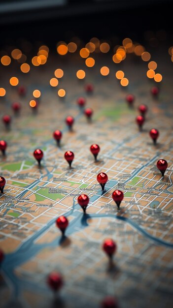 Photo navigation urbaine des épingles rouges sur le plan de la ville guidant les itinéraires exploratoires fond d'écran mobile vertical