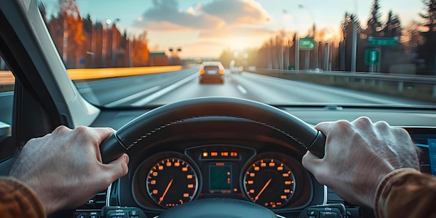 Photo naviguer sur une autoroute un conducteur39s mains sur le volant pendant un voyage sur route concept de conduite sur route grip du volant essentiels du voyage sur route conduite manuelle sécurité du conducteur