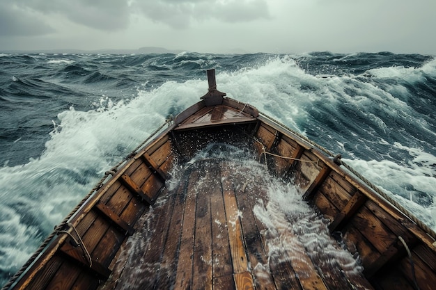 Photo naviguer dans un bateau fragile à travers des vagues agitées