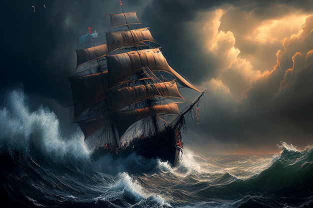 Navire antique dans la tempête Vintage Pirate Boat Generative AI Illustration