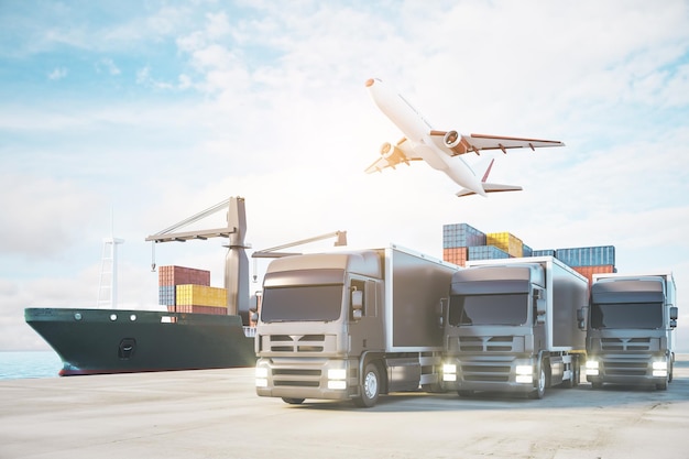 Navire d'avion créatif et camions avec fret à la lumière du jour Concept de stockage et de logistique de livraison Rendu 3D