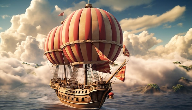 un navire en bois volant à travers les nuages avec des voiles gonflées comme un ballon à air chaud