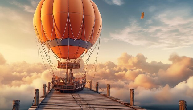 Photo un navire en bois volant à travers les nuages avec des voiles gonflées comme un ballon à air chaud