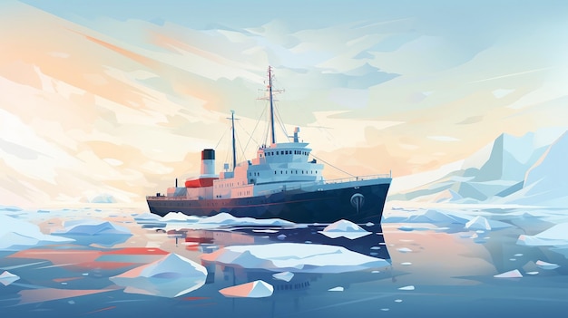 Navire brise-glace dans l'illustration de la mer nordique générée par l'IA