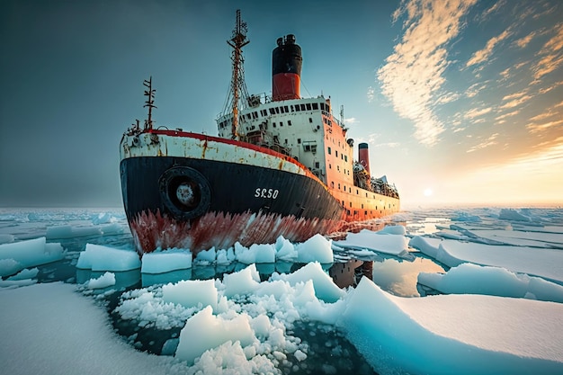 Navire brise-glace traversant la banquise dans la mer arctique glacée