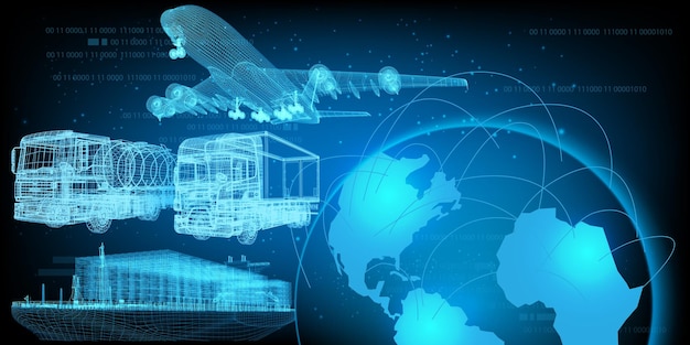 Navire de charge d'avion d'illustration de rendu 3D et camion de camion avec le plan de cartes du monde