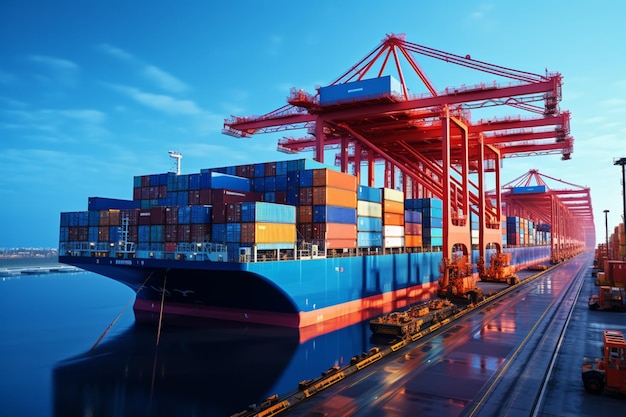Le navire-container et la grue de chargement illustrent le secteur de la logistique et du transport des importes et des exportations