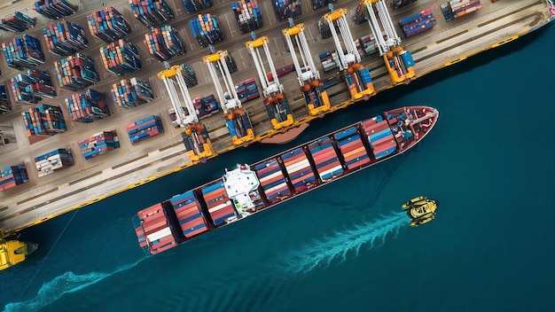 Navire à conteneurs arrivant au port Navire à containers et remorqueur se rendant au port maritime affaires logistiques i