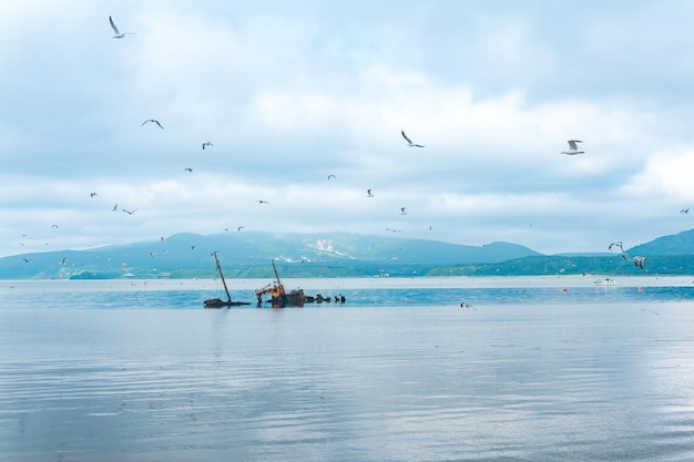 Navire coulé dans le contexte d'une baie de la mer avec des montagnes brumeuses en arrière-plan