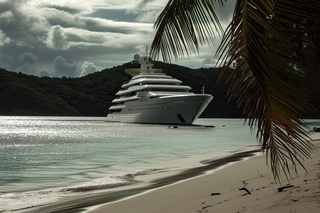 Un navire de croisière échoué sur la côte d'une île au milieu d'eaux paisibles