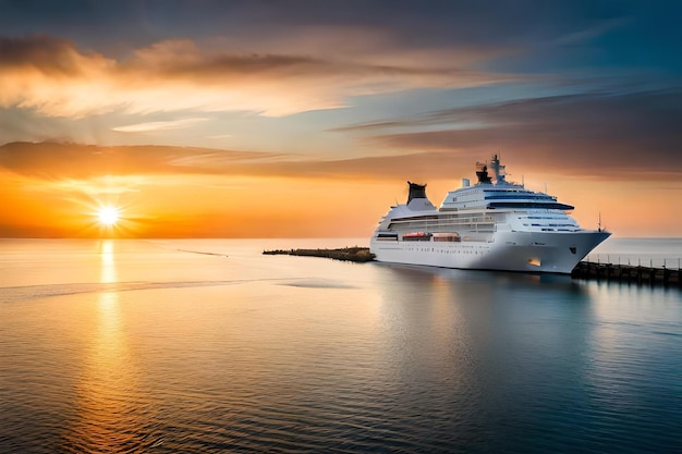 un navire de croisière est amarré au coucher du soleil avec le soleil qui se couche derrière lui