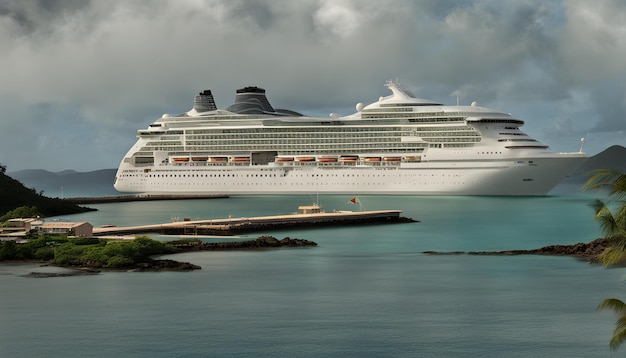 un navire de croisière est amarré dans l'eau avec un quai en arrière-plan