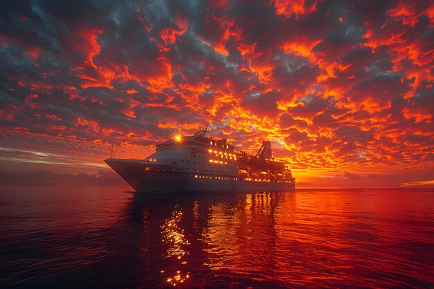 Un navire de croisière naviguant dans l'océan au coucher du soleil