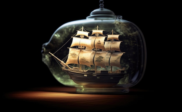 Un navire dans un bocal avec un dôme de verre au fond.