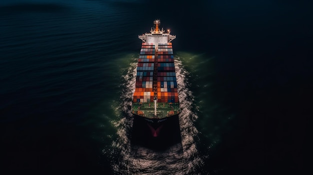Un navire dans l'eau la nuit avec les mots " container " sur le devant.