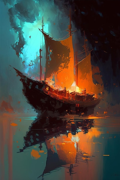 Un navire dans la mer avec le reflet du soleil