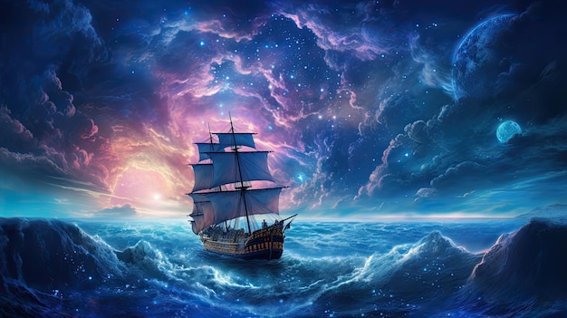 un navire dans l'océan avec un beau fond de ciel