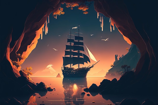 Un navire dans l'océan avec un coucher de soleil et des montagnes en arrière-plan Generative AI