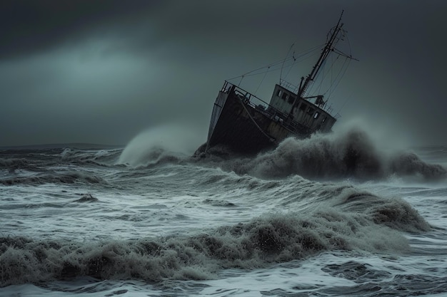 Un navire désolé au milieu d'une tempête
