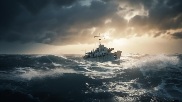 Un navire sur l'eau avec un ciel nuageux en arrière-plan.