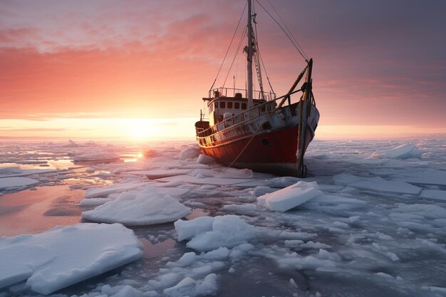 Un navire échoué pris au piège dans la glace gelée