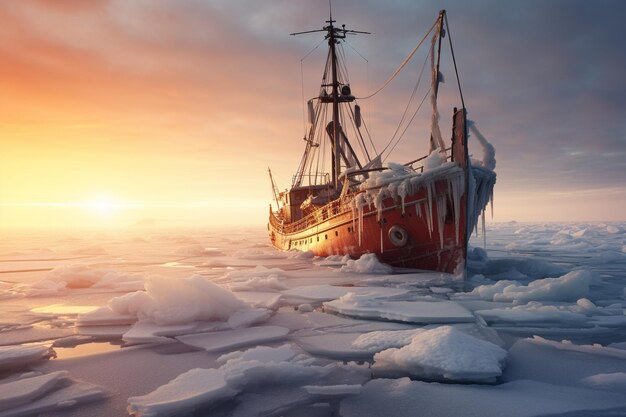 Un navire échoué pris au piège dans la glace gelée