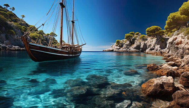 un navire est amarré dans l'eau avec des rochers et des arbres