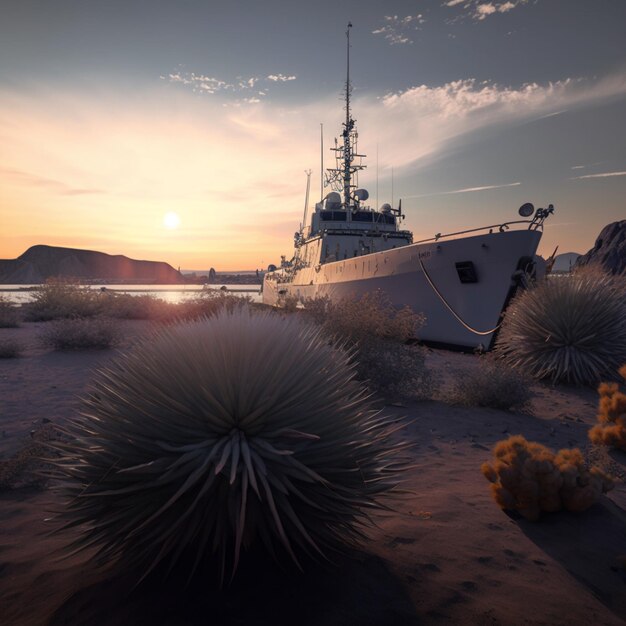 Photo un navire était échoué sur un rivage sec le soir.