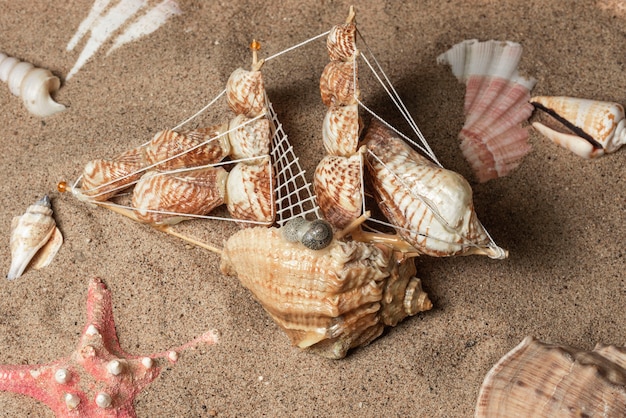 Un navire fait de coquillages se trouve sur le sable parmi les coquillages et une étoile de mer